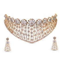 22K Diamond Gold Floral Choker Necklace & Earrings Set