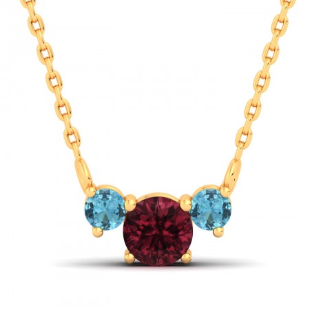 Natural Aquamarine & Garnet Round Minimalist Solid Gold Necklace